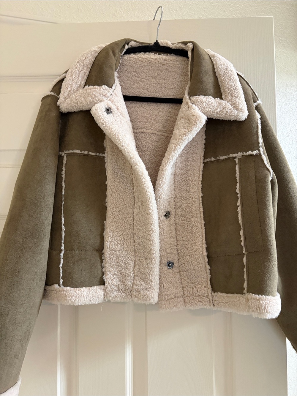 Olive Faux Shearling Teddy Jacket with Cream Lining